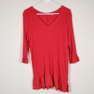 Soft Surroundings Red Knit Ribbed Vneck Half Sleeve Sweater